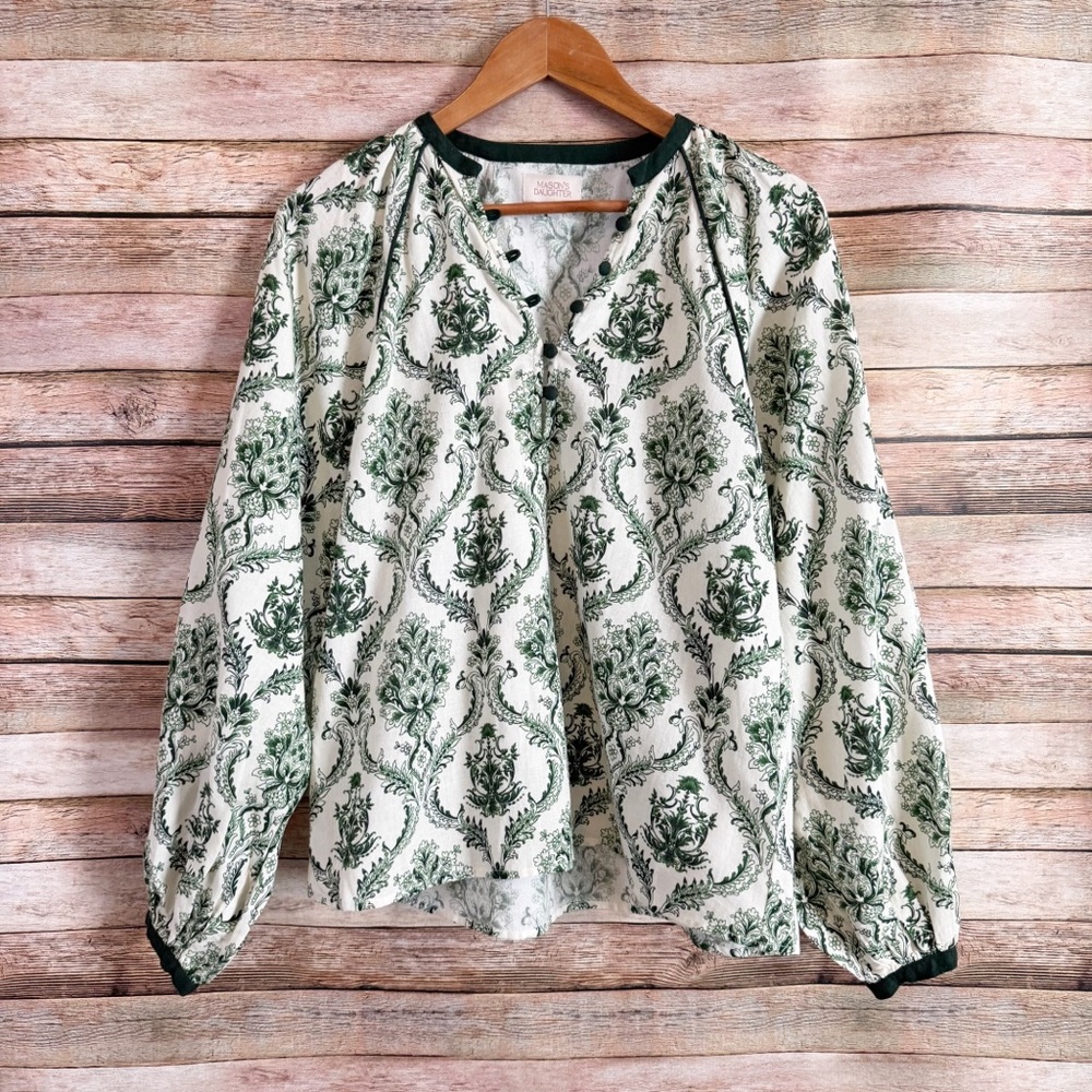 Mason's Daughter Women's Linen Blend Trellis Print Puff Sleeve Swing Top Size S